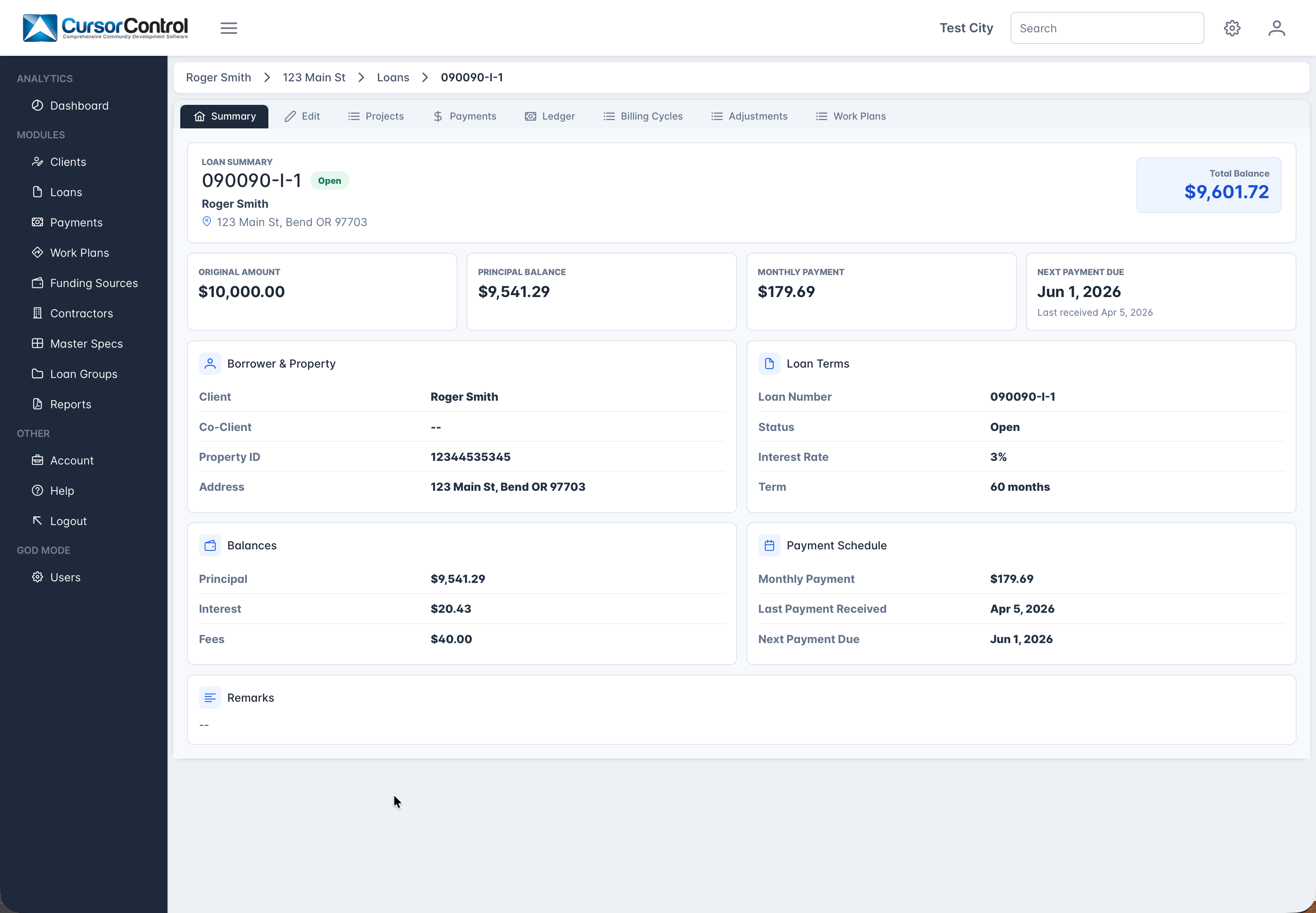 CDM One loan summary screen showing loan details, balances, and payment schedule