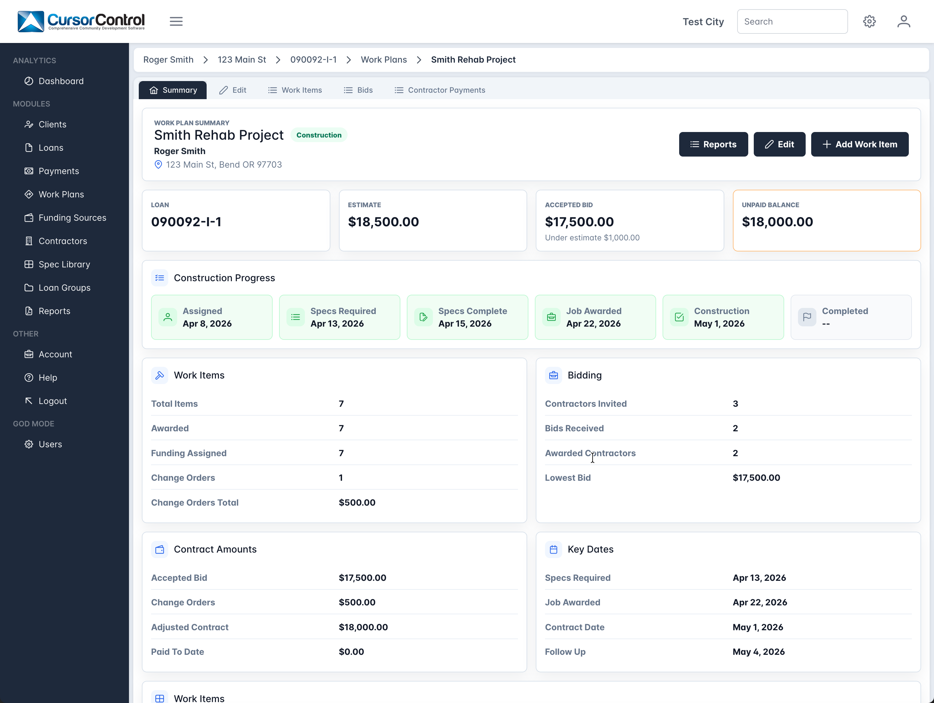 CDM One work plan summary showing construction progress, bids, and contract amounts