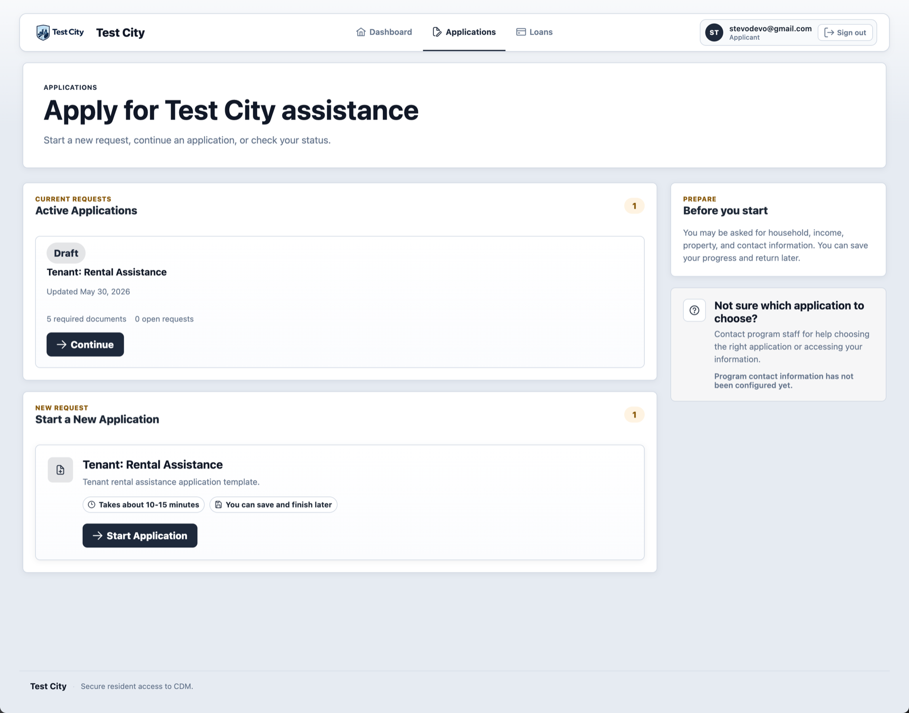 CDM application portal showing active applications and a start new application panel