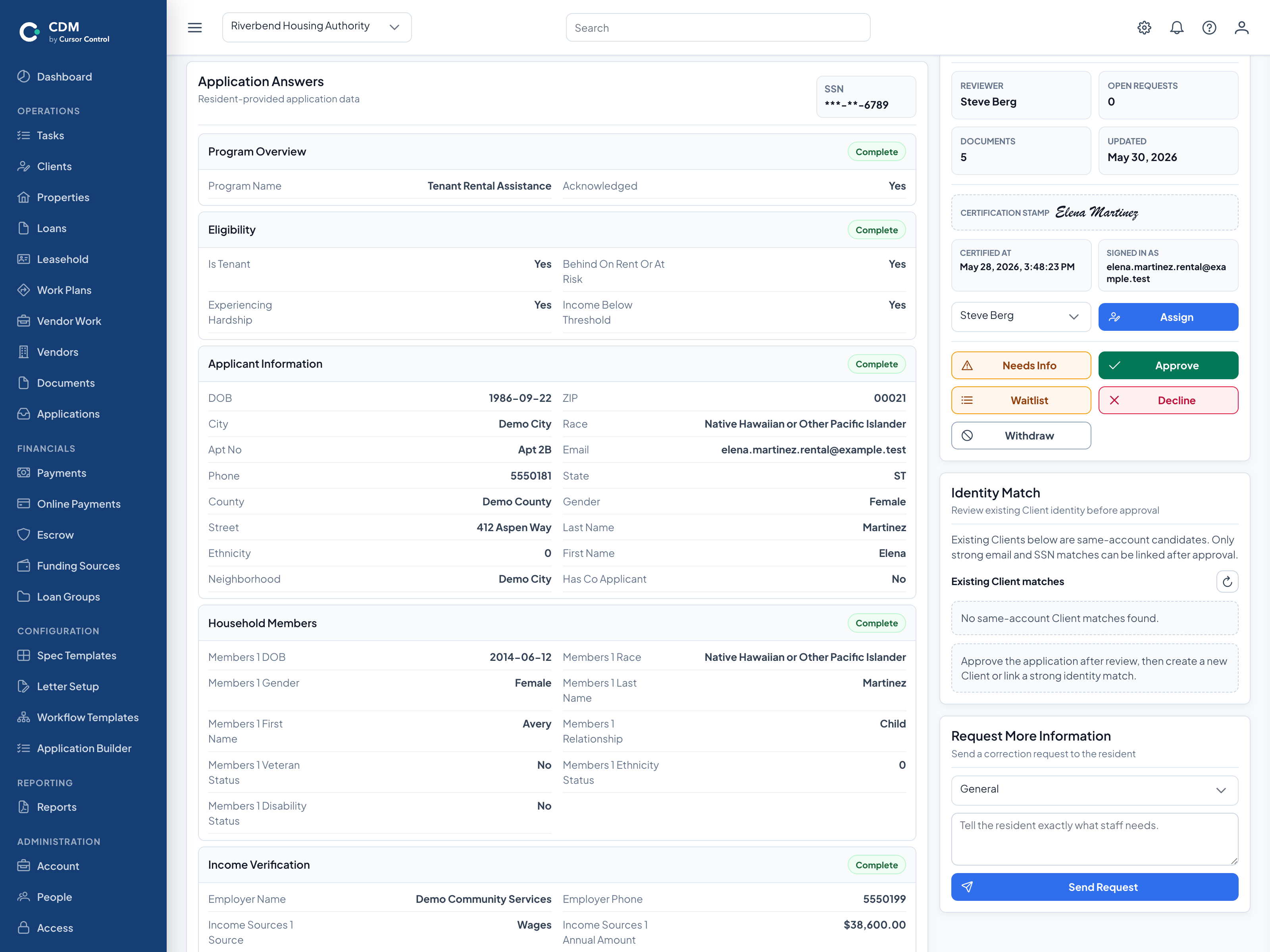 CDM application review workspace showing applicant responses, program eligibility, staff assignment, and approval actions