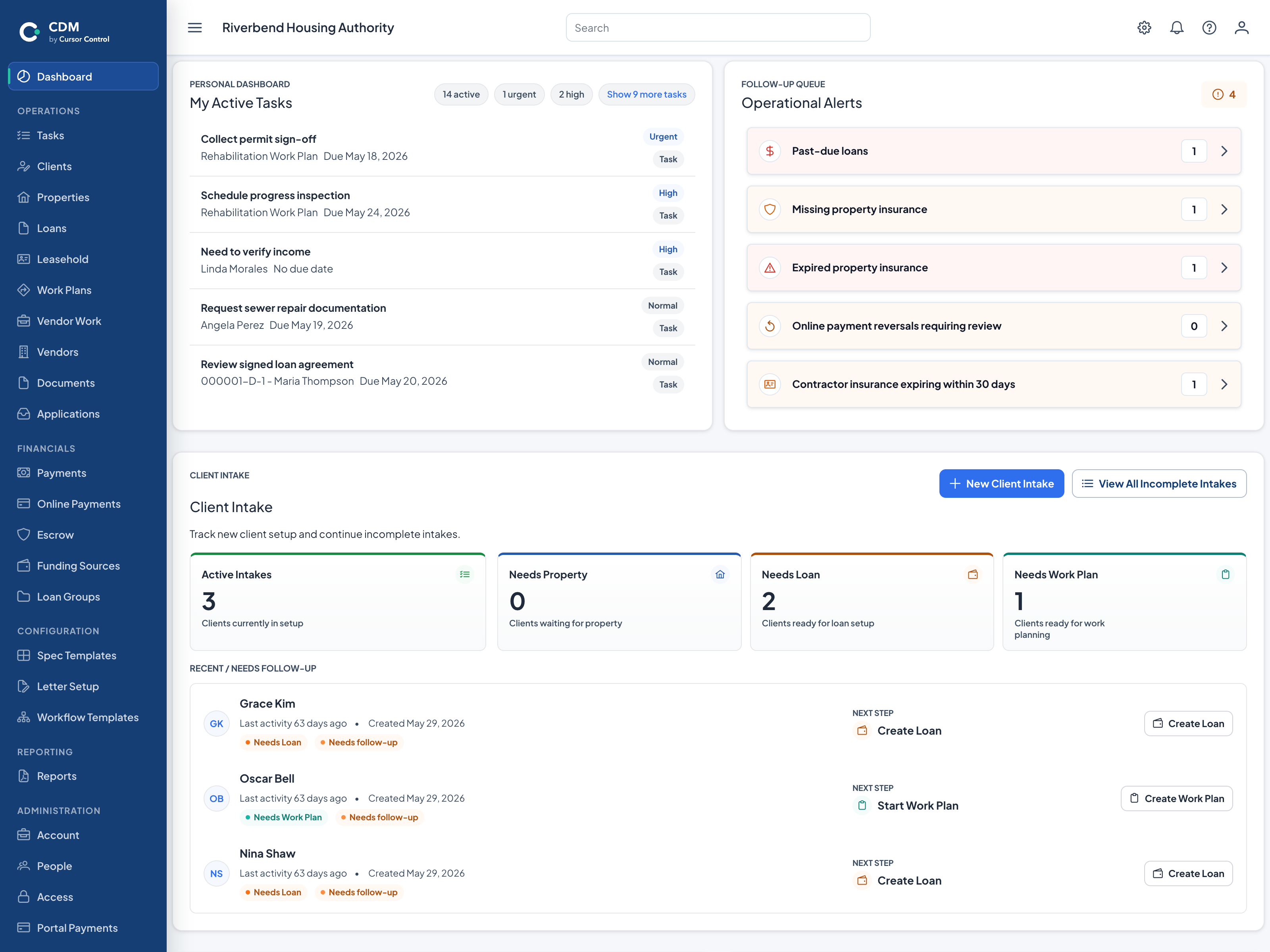 CDM dashboard for Riverbend Housing Authority showing active tasks, operational alerts, client intake, and program workflow