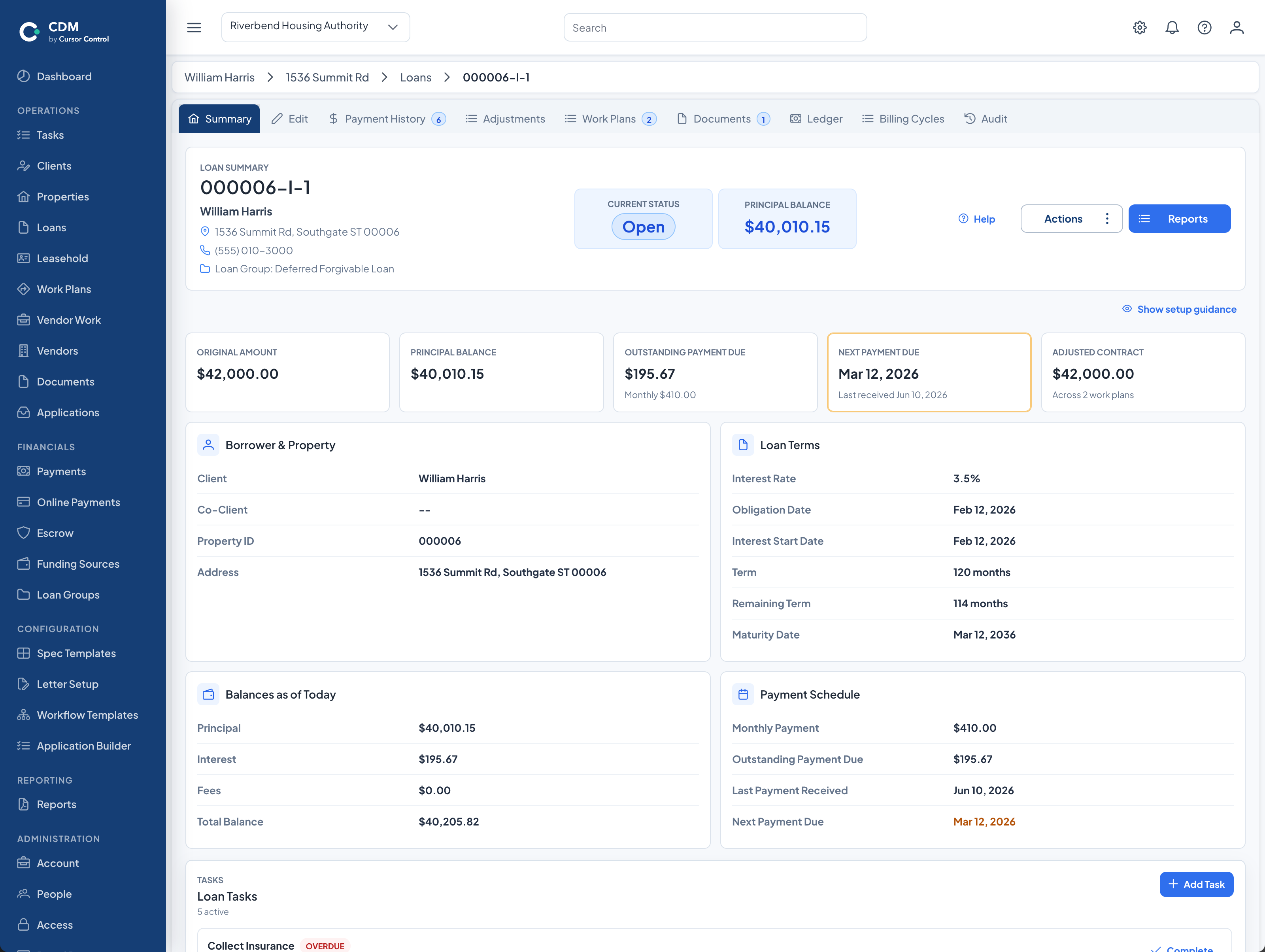 CDM loan servicing summary showing principal balance, payment schedule, loan terms, balances, and loan tasks