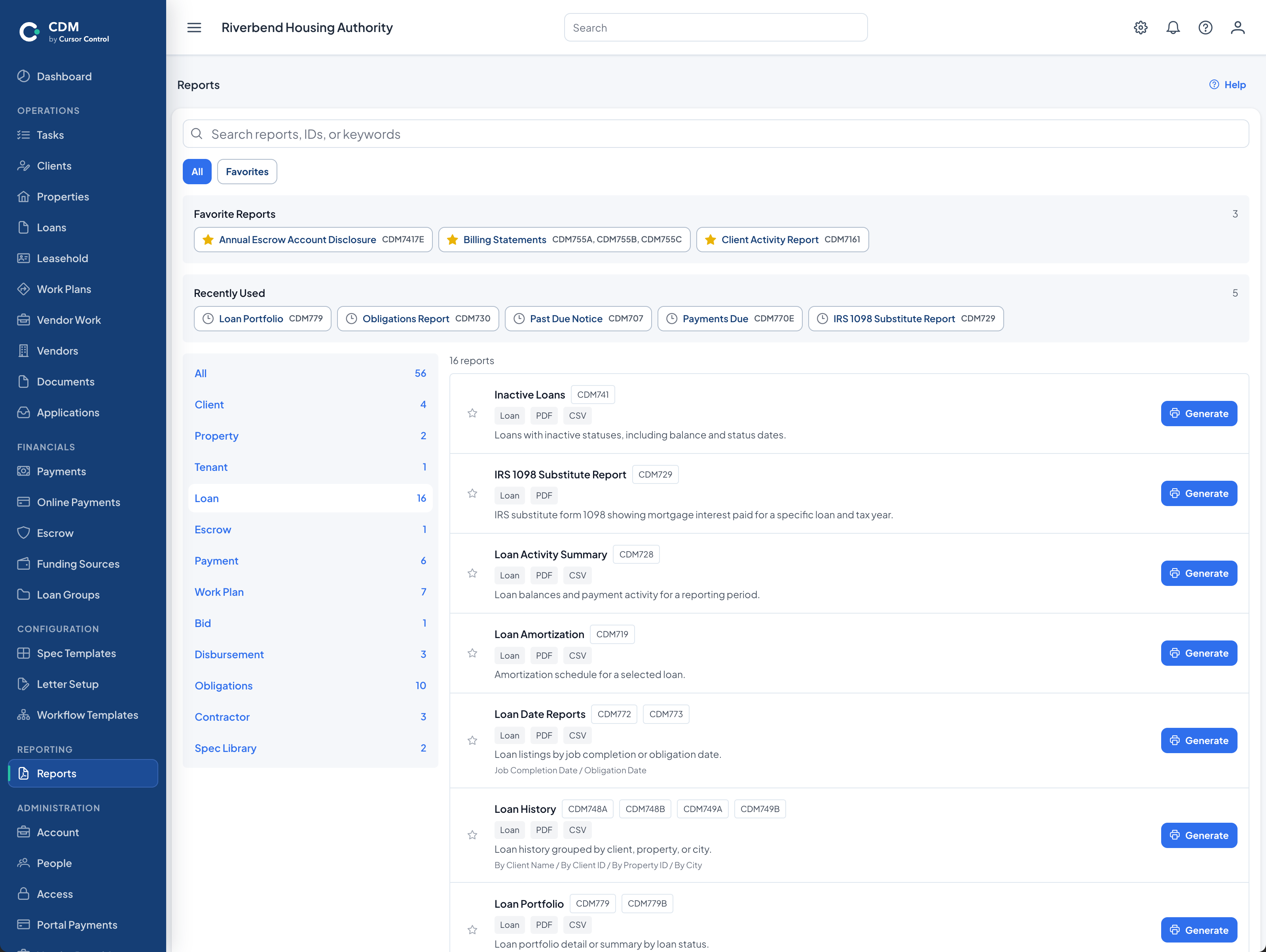 CDM reporting workspace showing favorites, recently used reports, report categories, and report-generation options