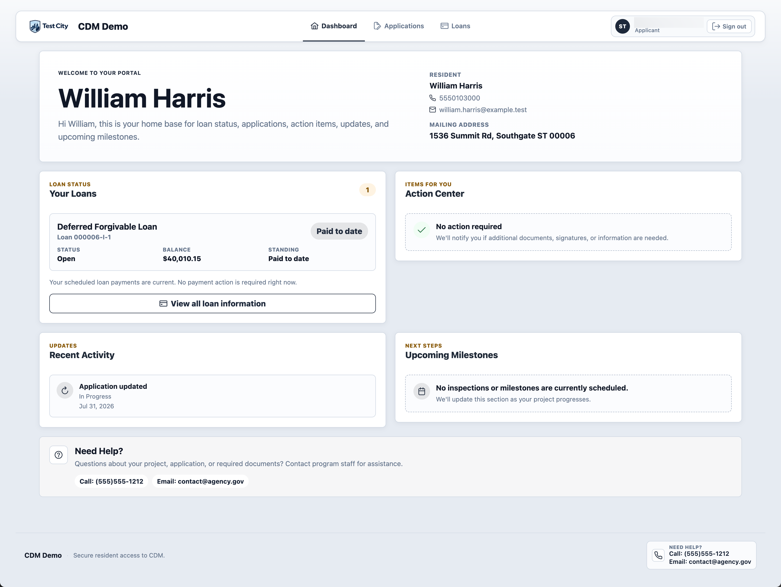 CDM Resident Portal dashboard showing loan status, action items, recent activity, milestones, and help options