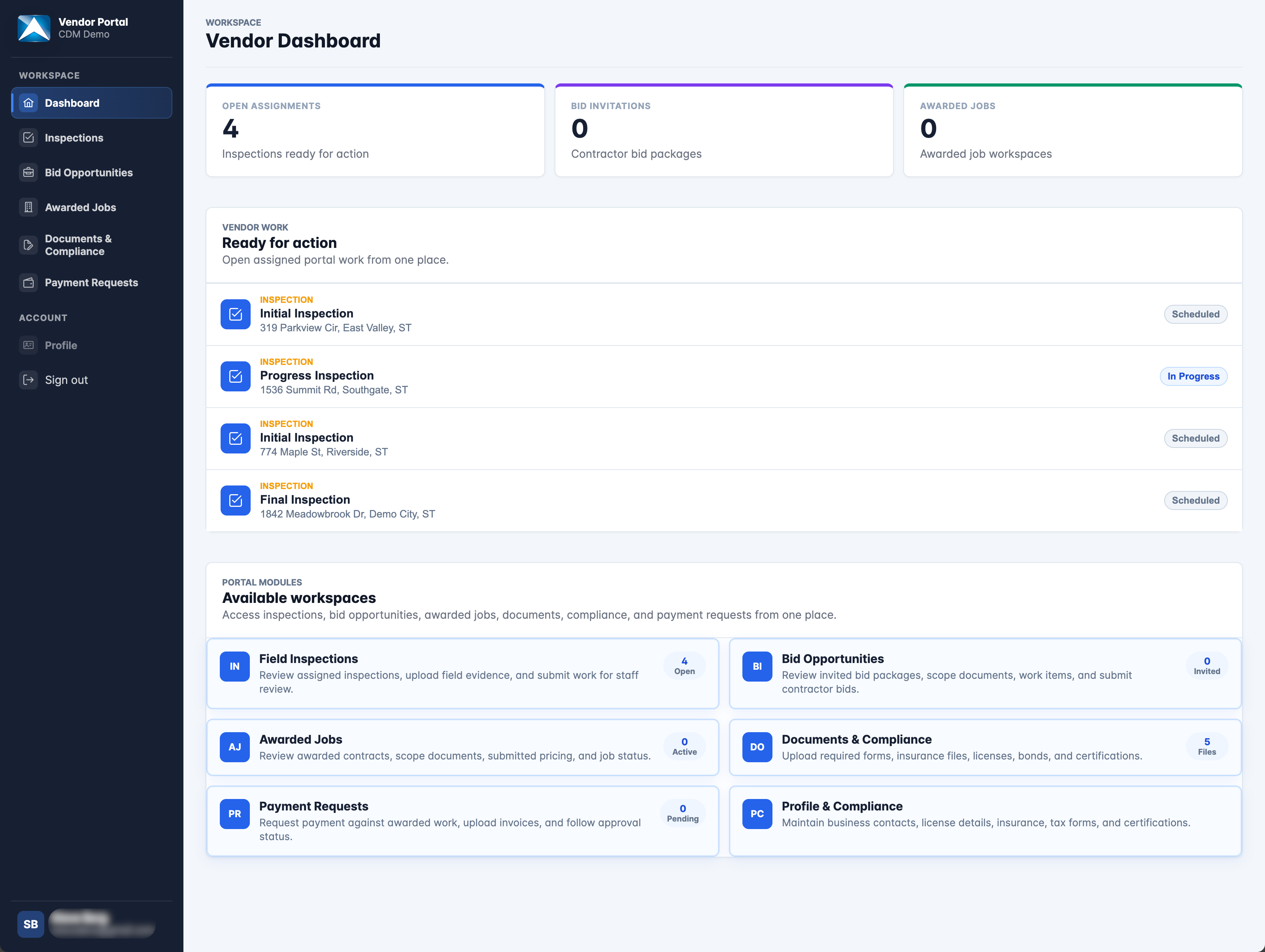 CDM Vendor Portal dashboard showing inspections, bid opportunities, awarded jobs, documents, compliance, and payment requests