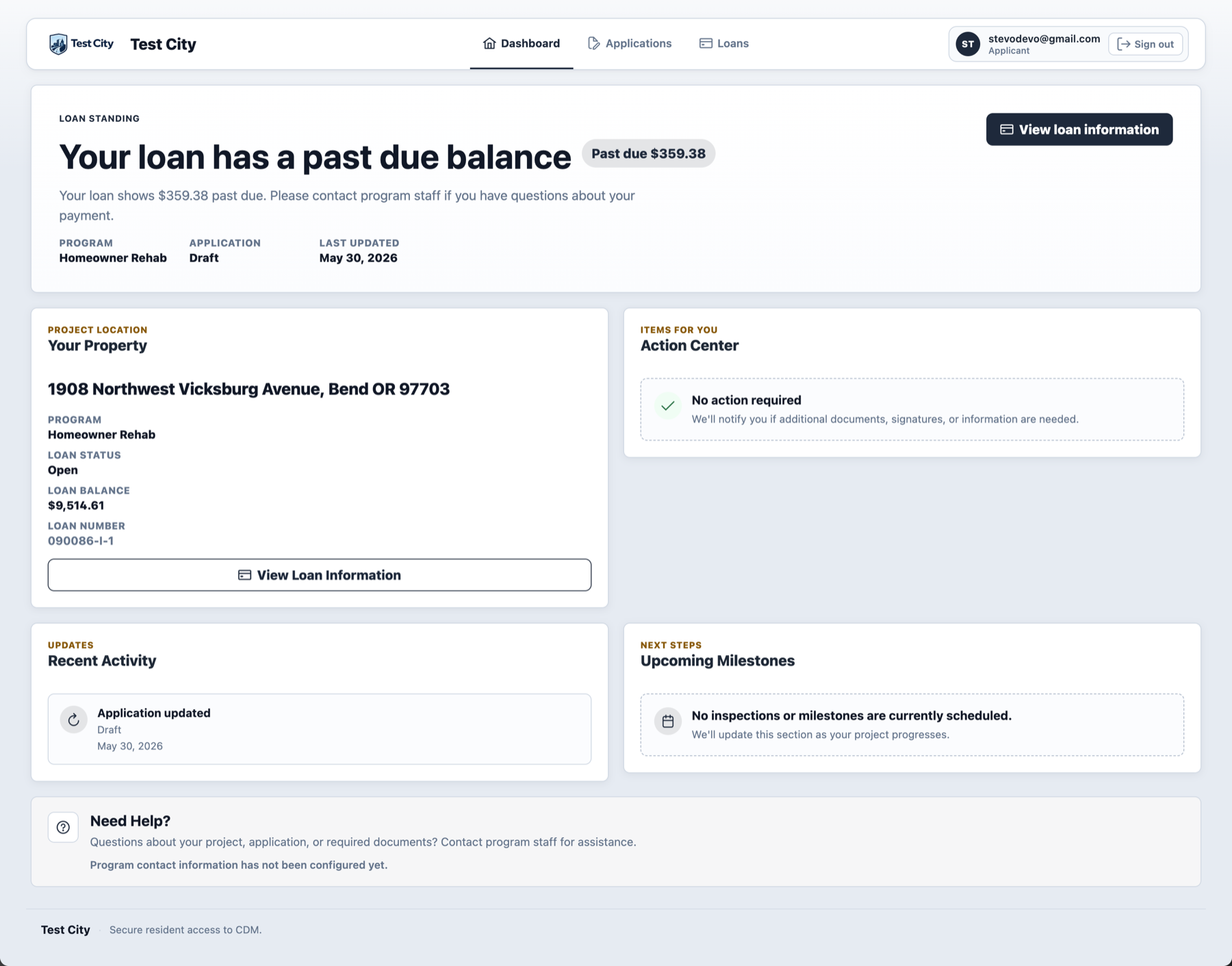 CDM client portal dashboard showing loan status, property information, recent activity, and milestones