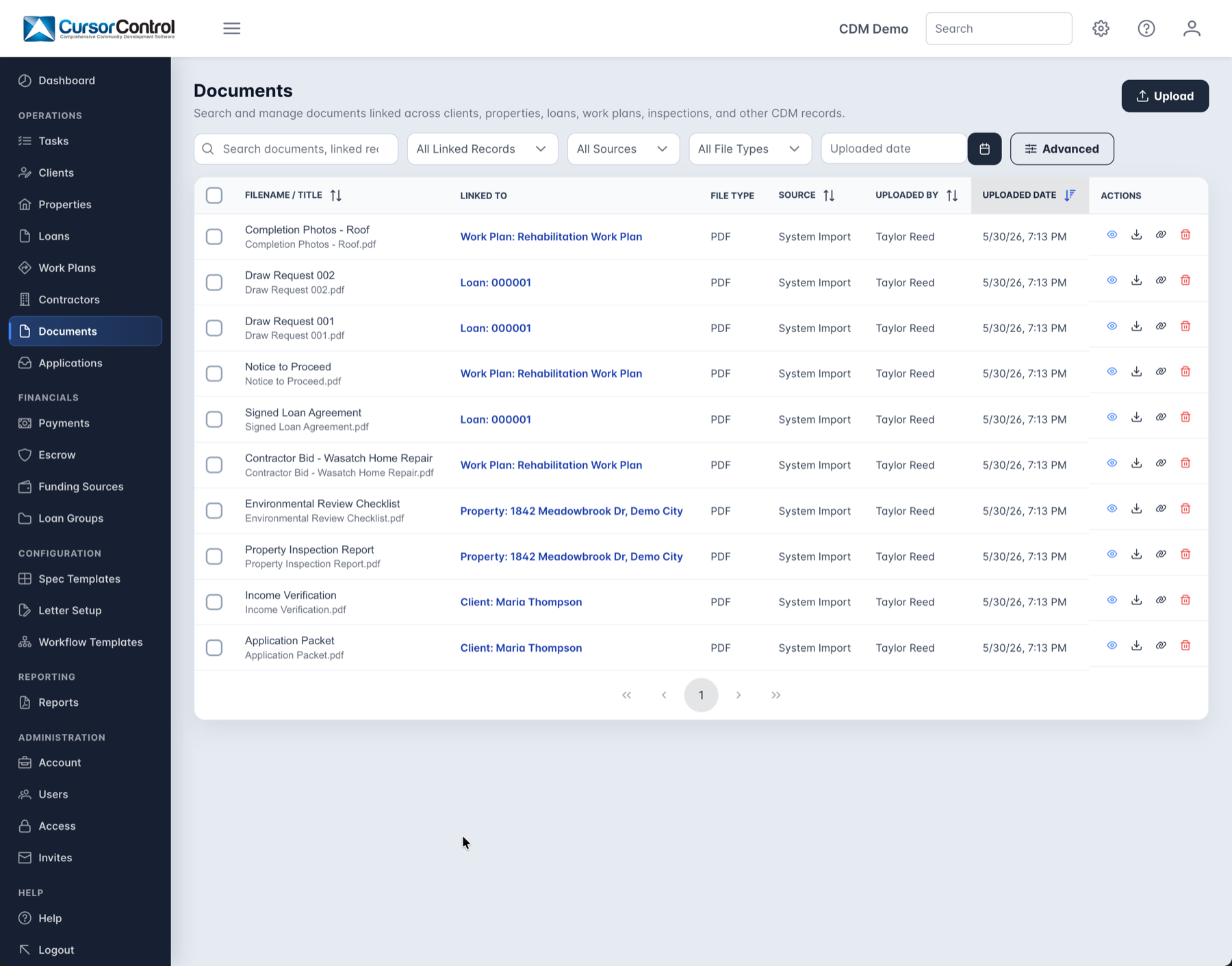 CDM documents dashboard with filters and linked documents across loans, work plans, clients, and properties