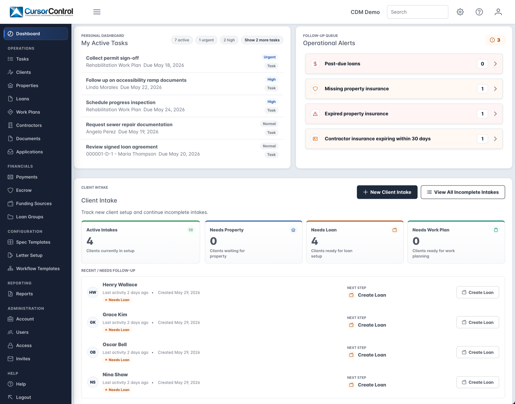 Web-based CDM home dashboard showing active tasks, operational alerts, and client intake tracking