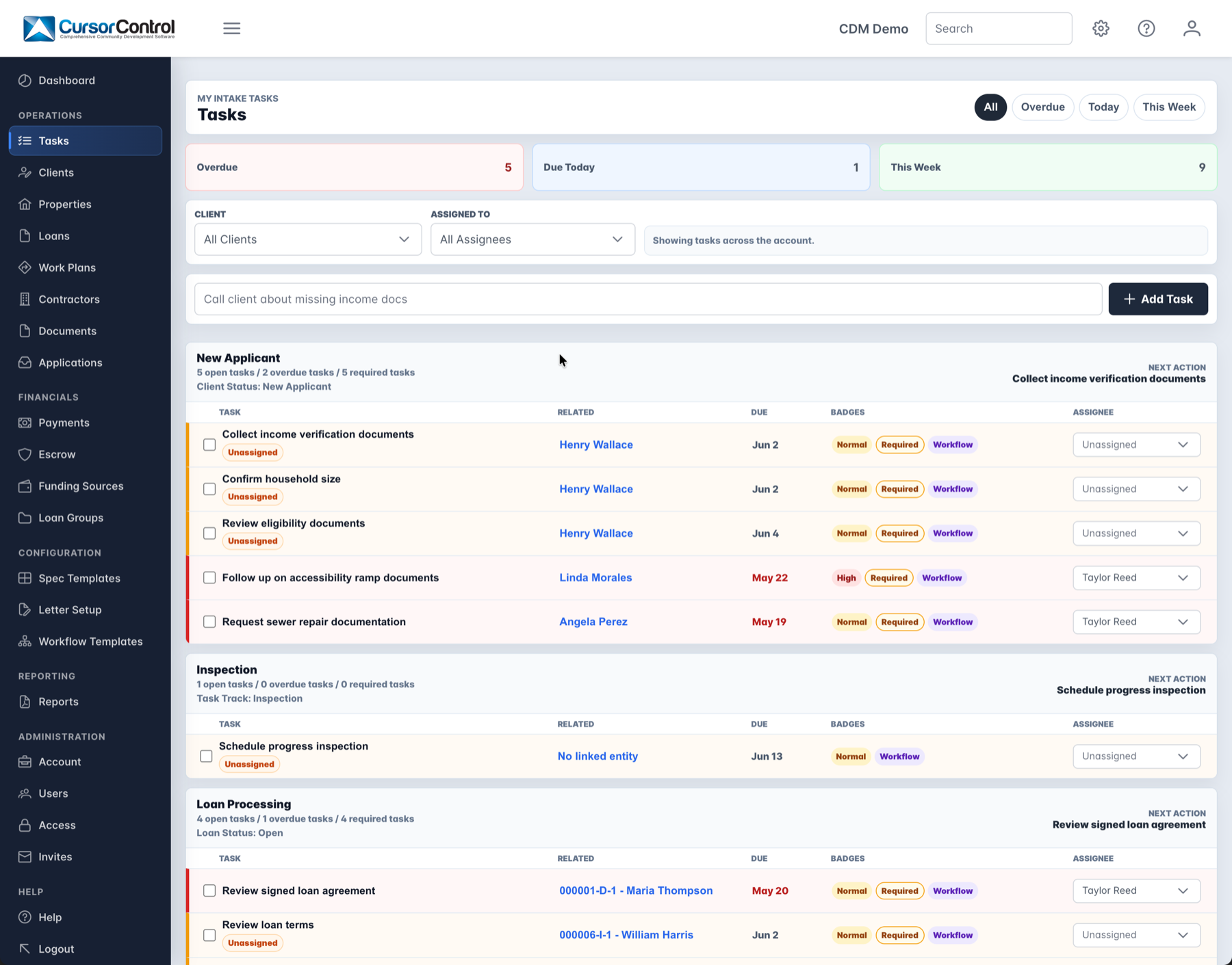 CDM task dashboard showing overdue tasks, due dates, assignees, and workflow badges