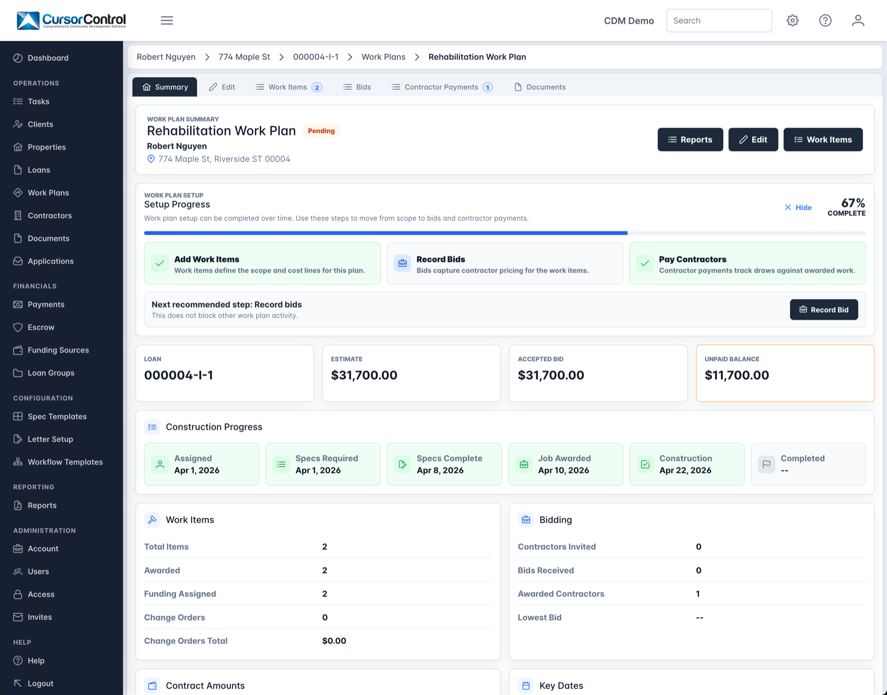 CDM work plan dashboard showing setup progress, bids, contractor payments, construction progress, and balances
